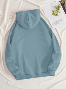 SHEIN EZwear 素色袋鼠口袋抽繩加絨內裏連帽衫 - 霧霾藍 - 查看 2
