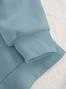 SHEIN EZwear 素色袋鼠口袋抽繩加絨內裏連帽衫 - 霧霾藍 - 查看 4