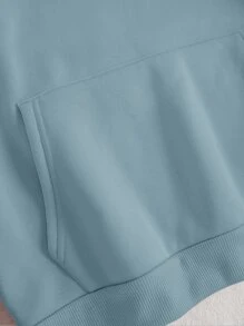 SHEIN EZwear 素色袋鼠口袋抽繩加絨內裏連帽衫 - 霧霾藍 - 查看 5