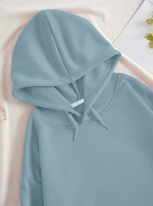 SHEIN EZwear 素色袋鼠口袋抽繩加絨內裏連帽衫 - 霧霾藍 - 查看 6
