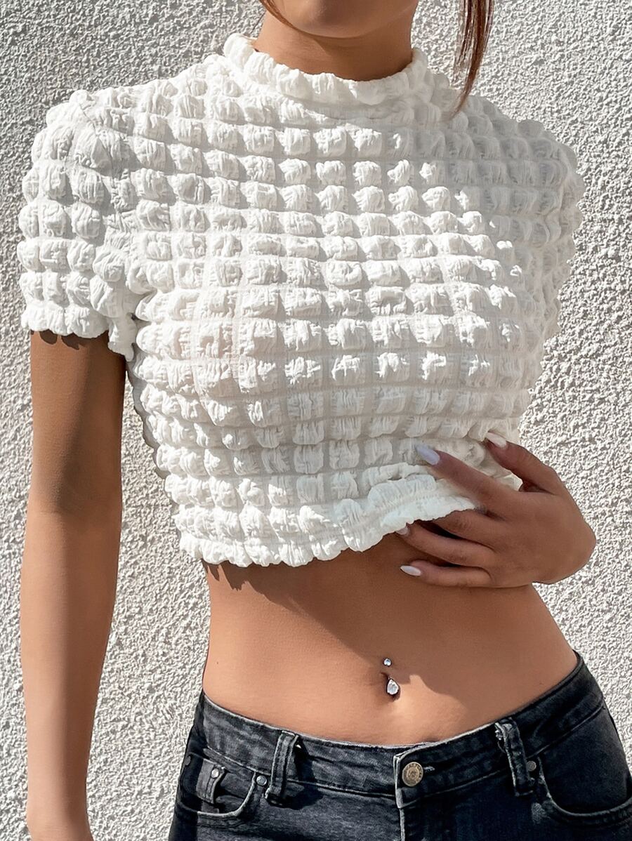 SHEIN EZwear 木耳邊短款T恤 - 米色 - 查看 1