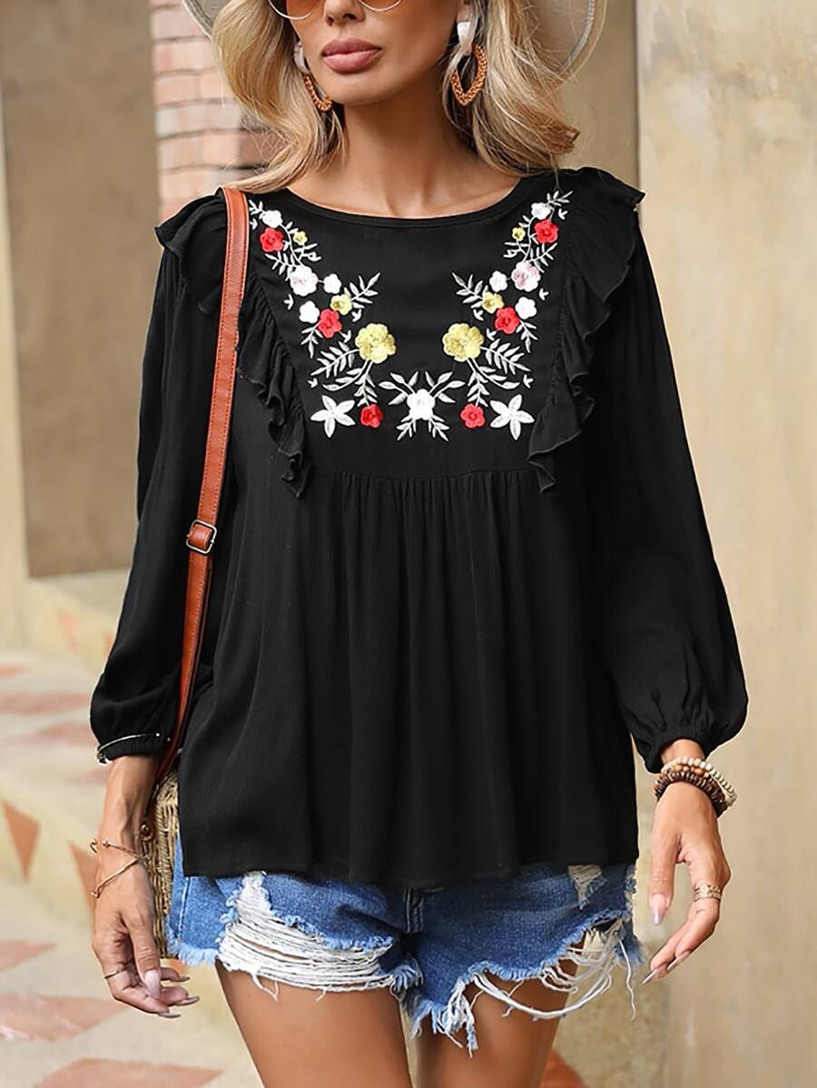 SHEIN VCAY Floral Embroidery Ruffle Trim Blouse - Black - View 1