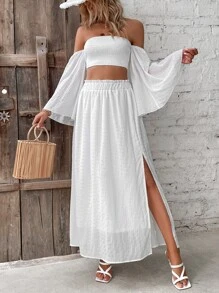 Breezaya Off Shoulder Shirred Crop Top & Frill Trim Split Thigh Skirt