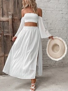 Breezaya Off Shoulder Shirred Crop Top & Frill Trim Split Thigh Skirt