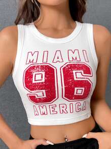 SHEIN EZwear 字母圖案短款背心 - 白色 - 查看 1