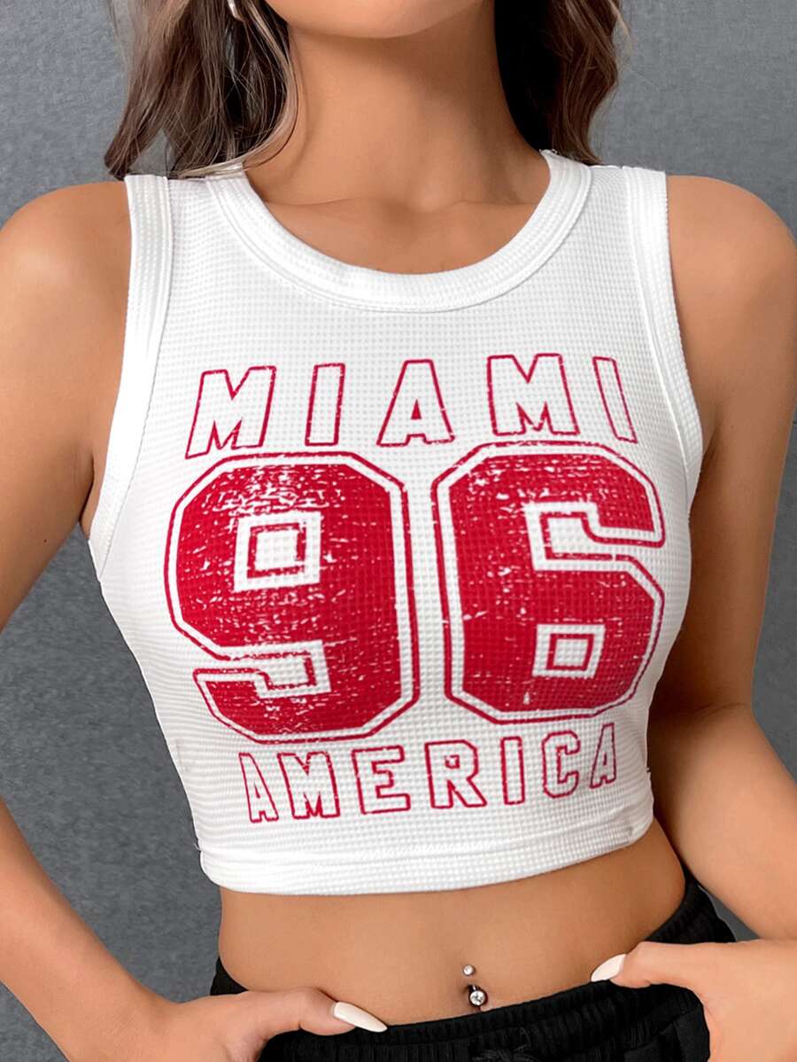 SHEIN EZwear 字母圖案短款背心 - 白色 - 查看 1