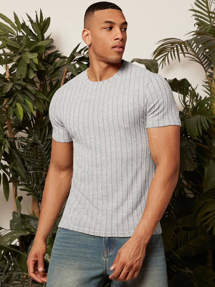Manfinity Homme 男士素色條紋針織T恤 - 淺灰色 - 查看 1