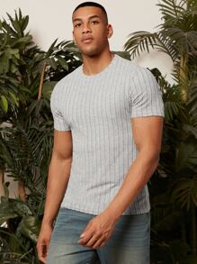 Manfinity Homme 男士素色條紋針織T恤 - 淺灰色 - 查看 3