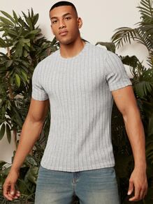 Manfinity Homme 男士素色條紋針織T恤 - 淺灰色 - 查看 4