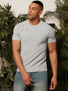 Manfinity Homme 男士素色條紋針織T恤 - 淺灰色 - 查看 5