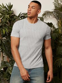 Manfinity Homme 男士素色條紋針織T恤 - 淺灰色 - 查看 6