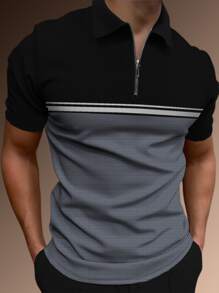 Manfinity Homme Áo thun có cổ Nam Dây kéo Khối Màu Sọc Giải trí - Nhiều màu - Xem 1