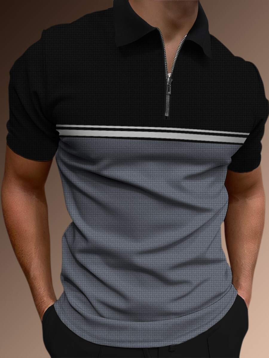 Manfinity Homme Áo thun có cổ Nam Dây kéo Khối Màu Sọc Giải trí - Nhiều màu - Xem 1