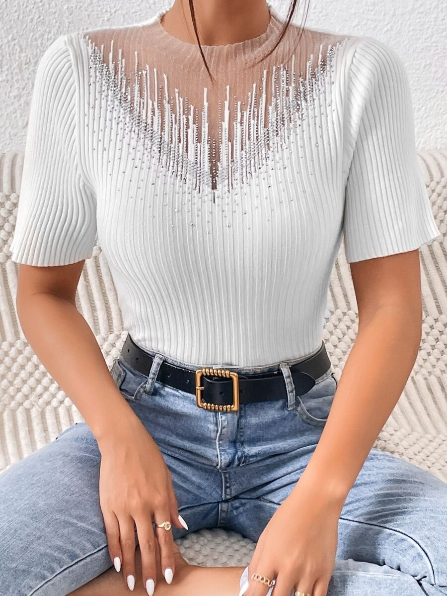 Mulvari Áo dệt kim nữ Pha lê kim cương Gân đan màu trơn Giải trí - trắng - Xem 1