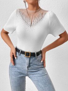 Mulvari Áo dệt kim nữ Pha lê kim cương Gân đan màu trơn Giải trí - trắng - Xem 4