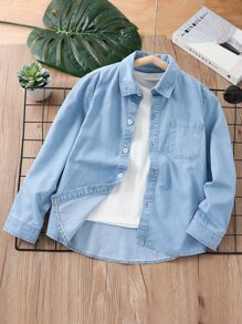 SHEIN Explorewe Tween Boy 1pc Solid Button Front Pocket Patched Denim Shirt - Light Wash - View 1