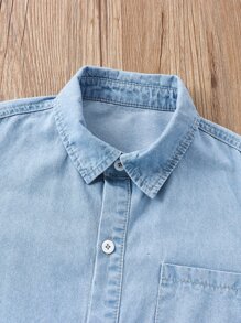 SHEIN Explorewe Tween Boy 1pc Solid Button Front Pocket Patched Denim Shirt - Light Wash - View 6