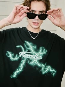Camiseta de hombros caídos con estampado de letra y relámpago - Negro - Ver 5