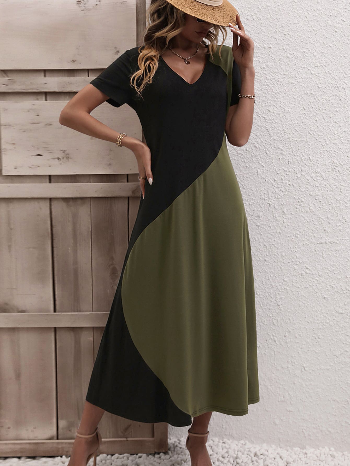 EMERY ROSE Color Block Tee Dress - Army Green - View 1