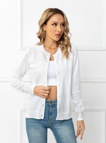 DEARCASE Solid Button Front Cardigan,Long Sleeve Tops - White - View 3