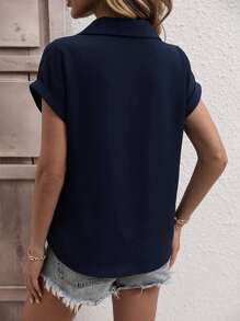 SHEIN LUNE Áo sơ mi nữ Nút phía trước màu trơn Giải trí - Màu xanh hải quân - Xem 2