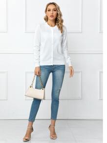 DEARCASE Solid Button Front Cardigan,Long Sleeve Tops - White - View 4