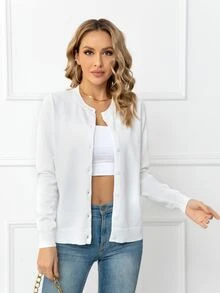 DEARCASE Solid Button Front Cardigan,Long Sleeve Tops - White - View 5