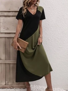 EMERY ROSE Color Block Tee Dress - Army Green - View 3