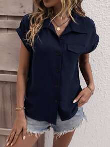 SHEIN LUNE Áo sơ mi nữ Nút phía trước màu trơn Giải trí - Màu xanh hải quân - Xem 3