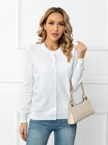 DEARCASE Solid Button Front Cardigan,Long Sleeve Tops - White - View 7
