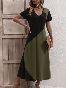 EMERY ROSE Color Block Tee Dress - Army Green - View 5