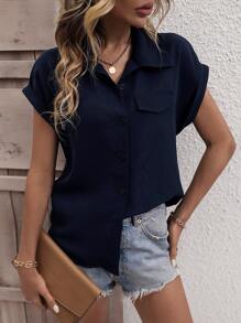SHEIN LUNE Áo sơ mi nữ Nút phía trước màu trơn Giải trí - Màu xanh hải quân - Xem 5