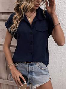 SHEIN LUNE Áo sơ mi nữ Nút phía trước màu trơn Giải trí - Màu xanh hải quân - Xem 6