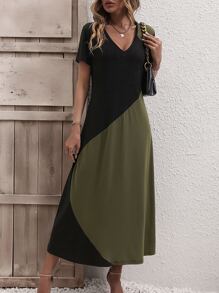 EMERY ROSE Color Block Tee Dress - Army Green - View 6
