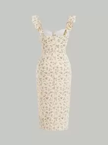 SHEIN MOD Đầm Xù Dây kéo Tách cao Hoa Tất cả trên in Boho - Màu be - Xem 2