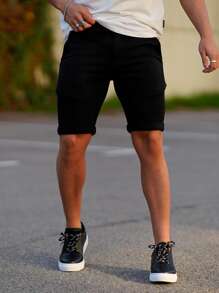 男士素色百慕大短褲 - 黑色 - 查看 1