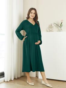 孕婦V領燈籠袖洋裝