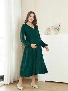 孕婦V領燈籠袖洋裝