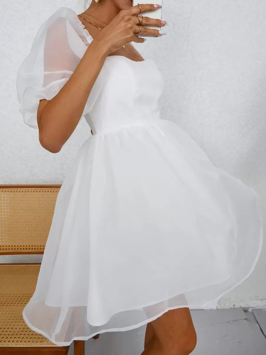 GENKIRA Đầm Tương phản Mesh màu trơn Giải trí - trắng - Xem 1