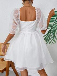 GENKIRA Đầm Tương phản Mesh màu trơn Giải trí - trắng - Xem 2