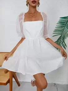 GENKIRA Đầm Tương phản Mesh màu trơn Giải trí - trắng - Xem 4