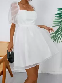 GENKIRA Đầm Tương phản Mesh màu trơn Giải trí - trắng - Xem 5