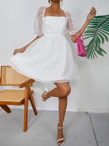 GENKIRA Đầm Tương phản Mesh màu trơn Giải trí - trắng - Xem 6