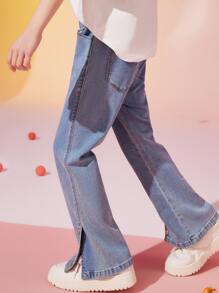 ASK JUNIOR 女孩鈕扣下擺牛仔喇叭褲 - 淺色水洗藍 - 查看 2