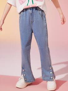 ASK JUNIOR 女孩鈕扣下擺牛仔喇叭褲 - 淺色水洗藍 - 查看 3