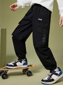 男孩字母圖案翻蓋口袋工裝褲