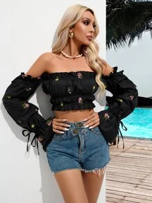 SHEIN Frenchy 花卉刺繡一字肩荷葉袖荷葉邊打結袖口短款襯衫 - 黑色 - 查看 1