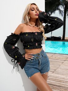 SHEIN Frenchy 花卉刺繡一字肩荷葉袖荷葉邊打結袖口短款襯衫 - 黑色 - 查看 6