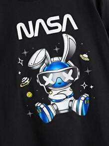 SHEIN 夏季圓領短袖休閒男童T恤，印有字母和卡通圖案 - 黑色 - 查看 3