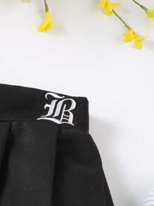 Sparklyn Tween Girl Alphabet Printed Pleated Skirt, College Style, Alphabet Pattern, Pleated Design, Comfortable, High Waist - Black - View 3